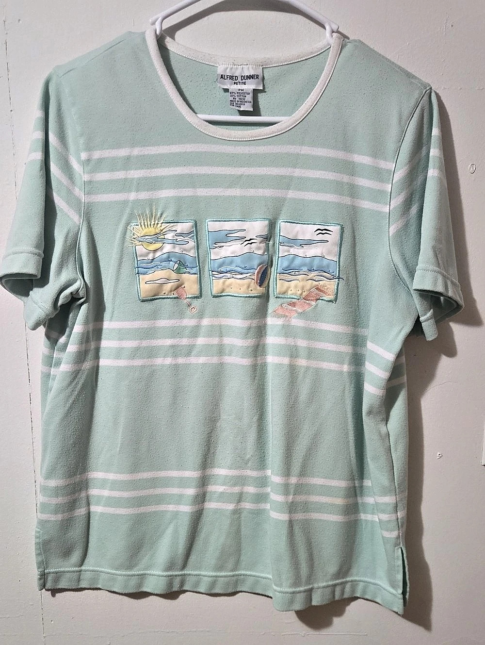 Alfred Dunner Petite Striped Beach Graphic Tee in Green & Pink PM